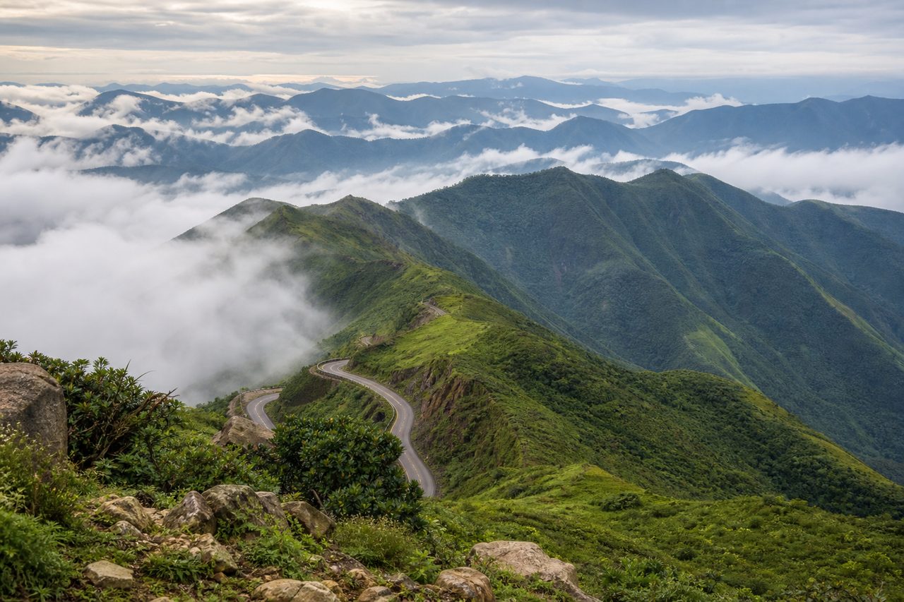 Cloud-covered green Deomali mountain ranges in Koraput, Odisha