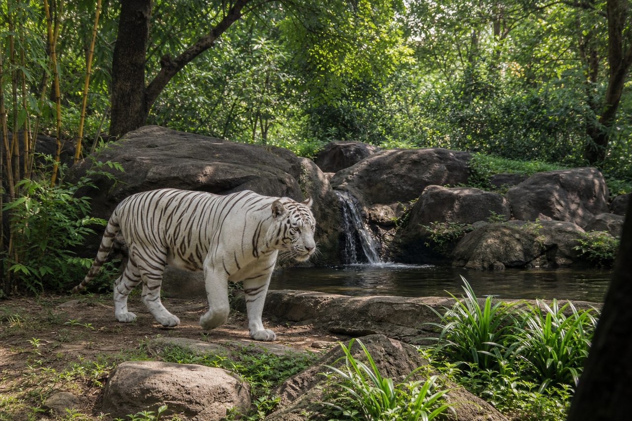 White tiger in a natural green habitat at Nandankanan Zoological Park